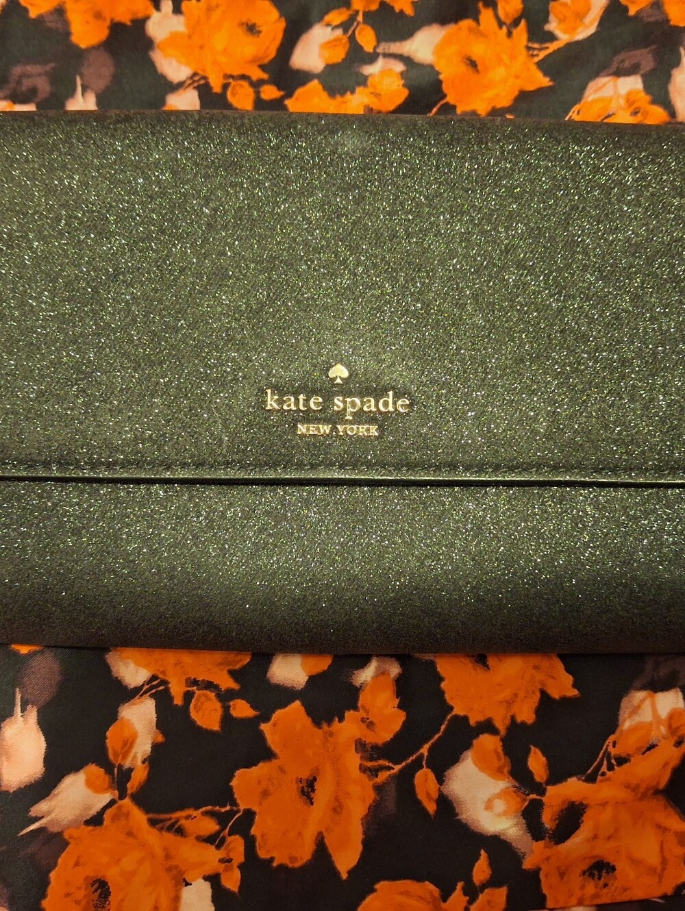 kate spade black glitter envelope wallet with gold logo